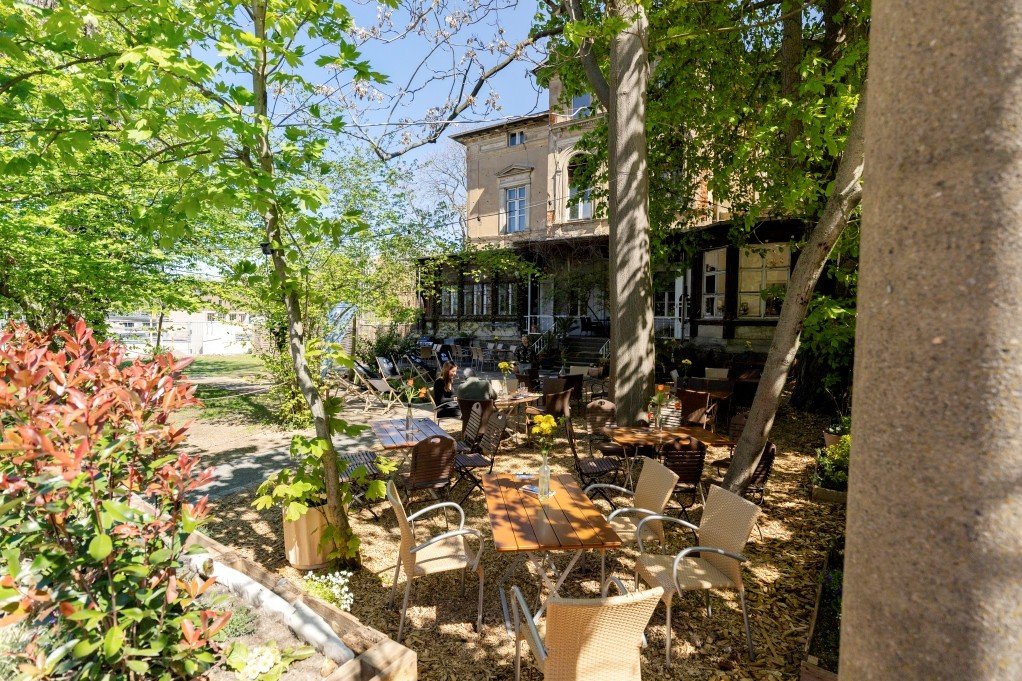 Im begrünten Innenhof des Weincafés Blüthner herrscht eine ruhige Atmosphäre