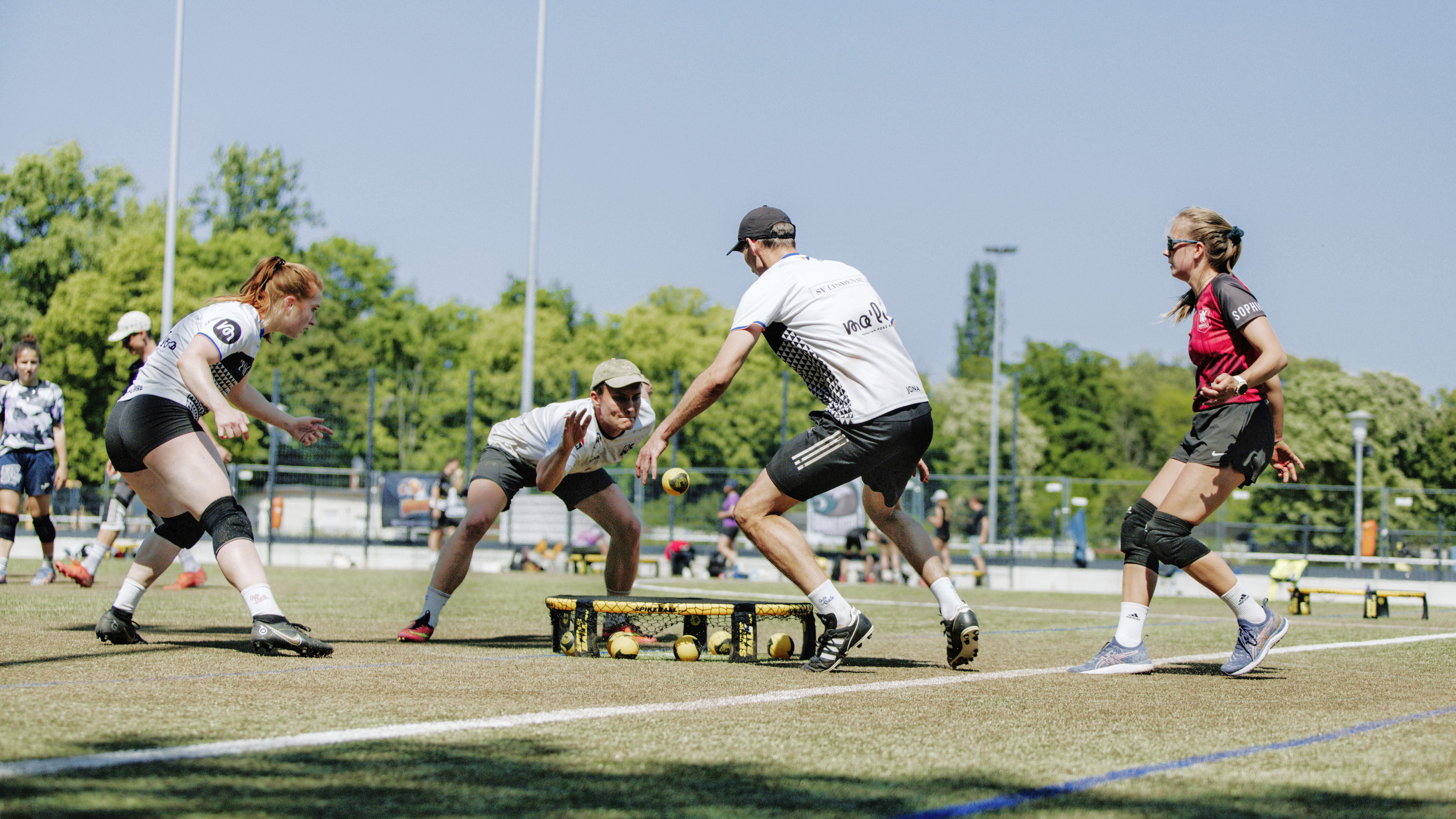 4 Menschen spielen Spikeball 