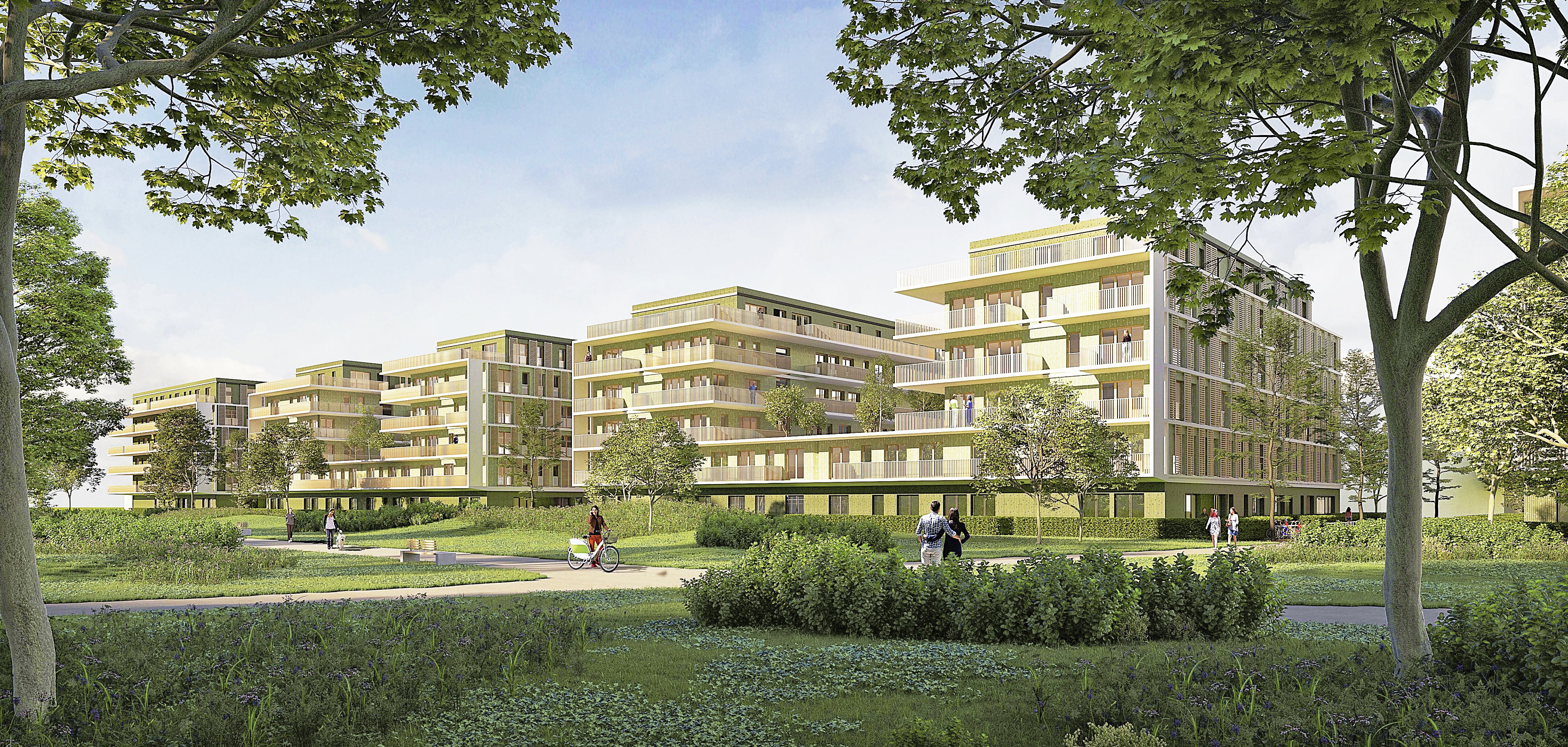 zusehen: Moderen Häuser in einem grünen Park