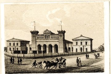 Um 1850: Der Bayerische Bahnhof zählte Mitte des 19. Jahrhunderts zu den auffälligsten Verkehrsbauten Leipzigs. Die Darstellung zeigt den ursprünglichen Bauzustand, als der Bahnhof noch am Stadtrand lag und von offenen Flächen umgeben war.
