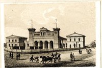 Um 1850: Der Bayerische Bahnhof zählte Mitte des 19. Jahrhunderts zu den auffälligsten Verkehrsbauten Leipzigs. Die Darstellung zeigt den ursprünglichen Bauzustand, als der Bahnhof noch am Stadtrand lag und von offenen Flächen umgeben war.