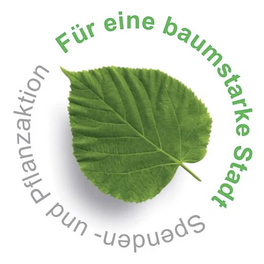 Logo AKTION „BAUMSTARKE STADT“: in der Mitte ist ein grünes Blatt 